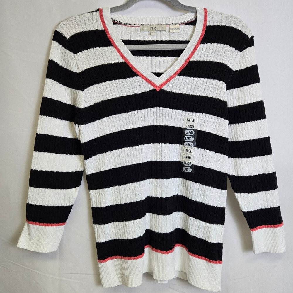 Pria Striped Cable Knit Sweater, Preppy, 100% Cotton, Black/White, Large, NWOT